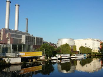 Boats in river with buildings in background