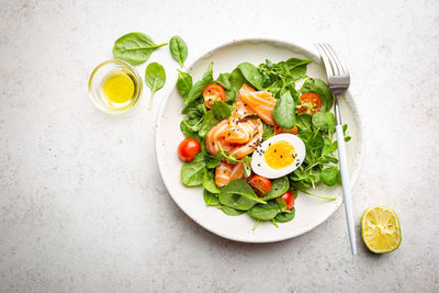 High angle view of food in plate on table