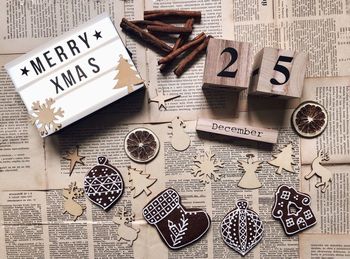 Directly above shot of christmas decorations on table