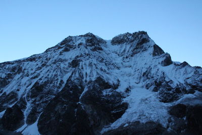 Low angle view of mountains against clear blue sky