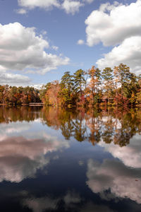 Scenic view of lake by trees against sky