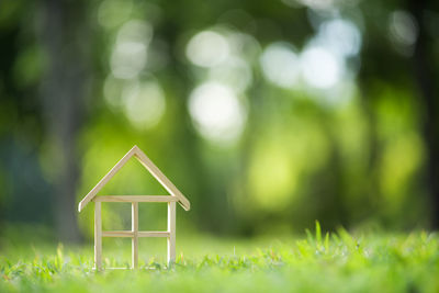 Close-up of wooden model home on grassy field