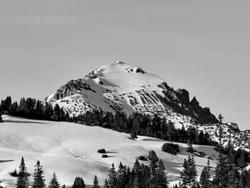 Scenic view of snowcapped mountains against clear sky