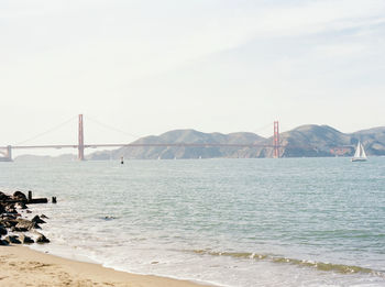 Golden gate bridge from the shore of san francisco with sailboat