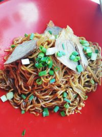 High angle view of food in plate on table