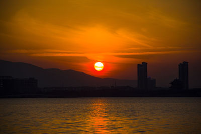 Scenic view of lake against sky during sunset