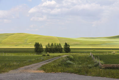 A small road calls at the foot of the beautiful green mountain ahead