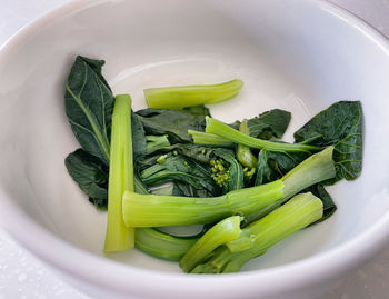 High angle view of green leaves in bowl