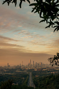 High angle view of cityscape against sky during sunset