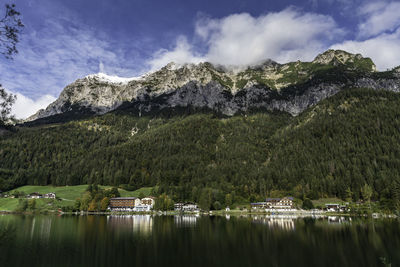 Scenic view of lake by trees against sky