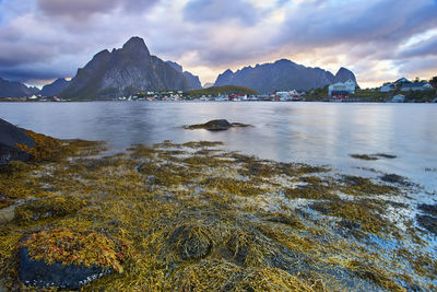 Scenic view of calm sea against cloudy sky