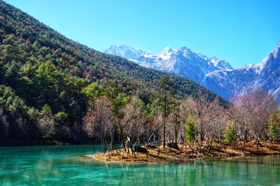 Scenic view of lake and mountains against sky