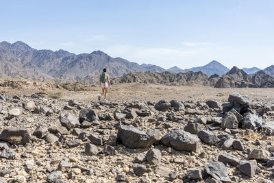 Woman trekking in a wadi, arid mountains of the middle east, arabian peninsula