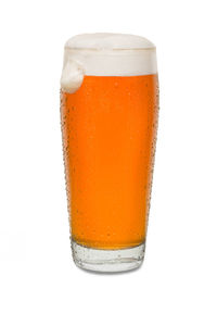 Close-up of beer glass against white background