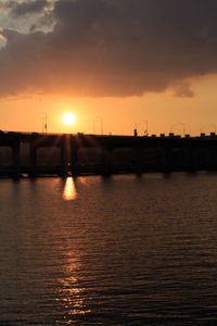 Silhouette bridge over river against sky during sunset