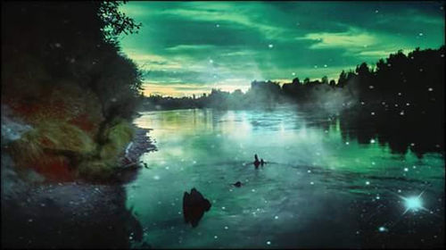 Reflection of silhouette trees in calm lake