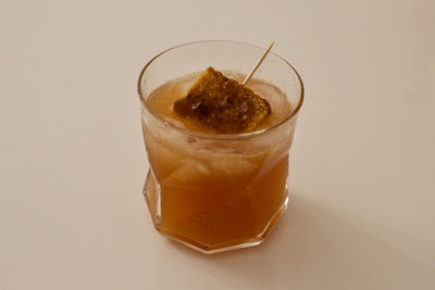 High angle view of drink against white background