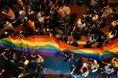 High angle view of people on street in city