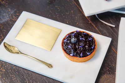 High angle view of dessert in plate on table