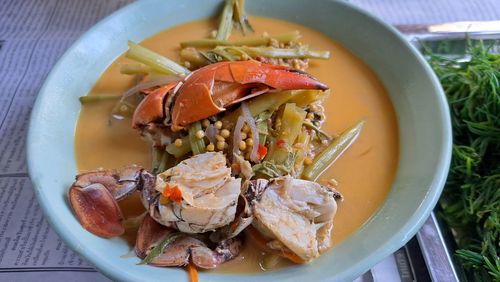 High angle view of food in bowl on table