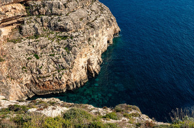 High angle view of rocks on sea shore