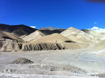 Scenic view of desert against clear blue sky