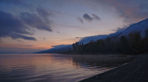 Scenic view of lake against sky during sunset