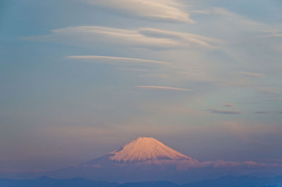 Scenic view of snowcapped mountain against sky during sunset