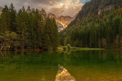 Scenic view of lake against cloudy sky