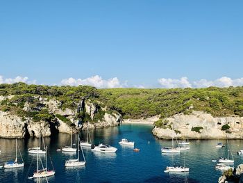 Sailboats moored in sea against blue sky