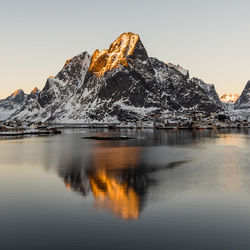 Scenic view of lake and snowcapped mountains against clear sky