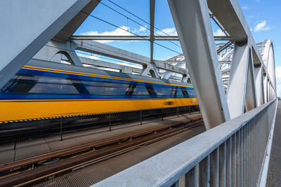 Train on railroad bridge against sky