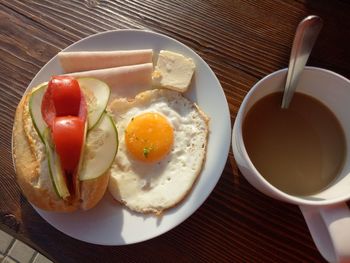 High angle view of breakfast served on table