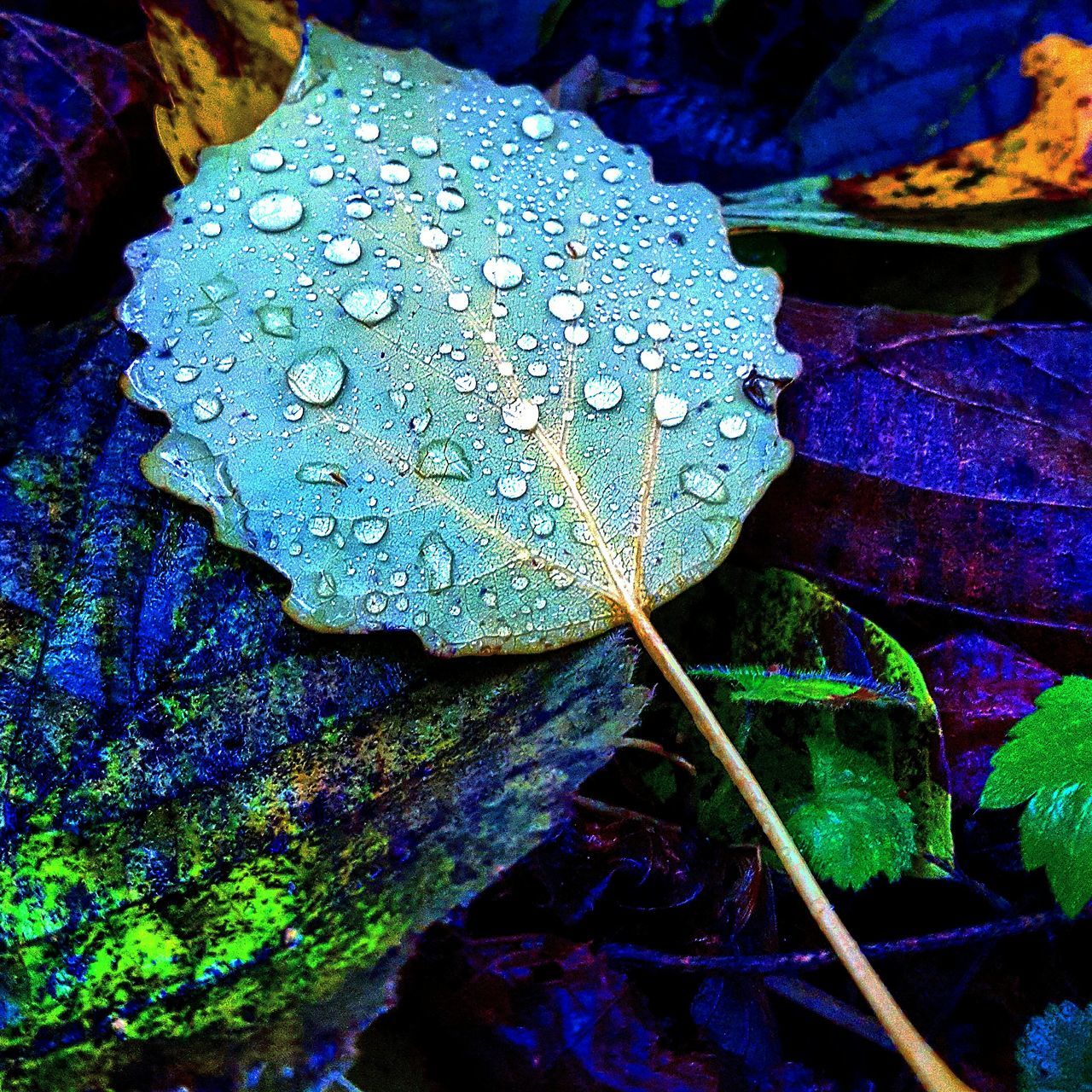 leaf, leaf vein, close-up, natural pattern, blue, nature, season, high angle view, wet, backgrounds, fragility, leaves, textured, full frame, dry, drop, beauty in nature, autumn, pattern, outdoors