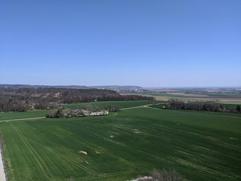 Scenic view of agricultural field against clear sky