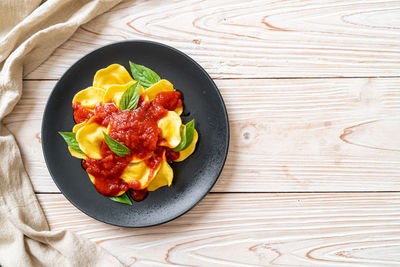 High angle view of food in plate on table