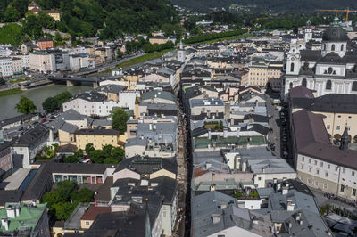 High angle view of buildings in city