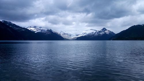 Scenic view of lake and snowcapped mountains against cloudy sky