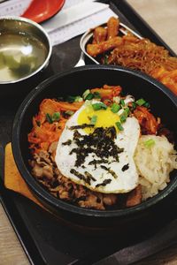 High angle view of food in plate on table