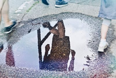 High angle view of people on wet glass