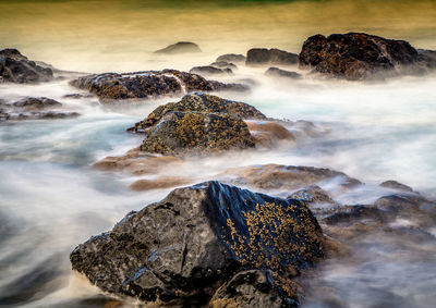 Scenic view of sea against rocks