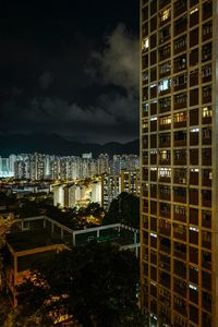 High angle view of illuminated buildings in city at night