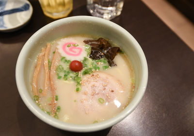 Close-up of soup in bowl on table