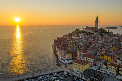 Aerial photo of rovinj town at sunset, istra, croatia