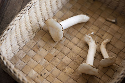 High angle view of bread in basket on table