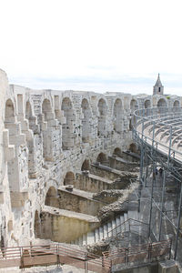 High angle view of old building against sky