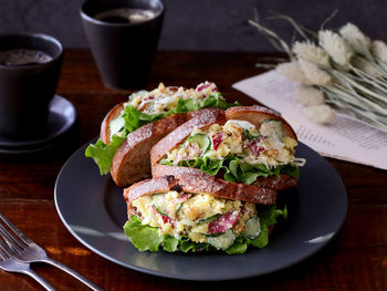 Close-up of sandwich in plate on table