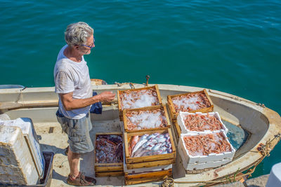 High angle view of man standing by sea
