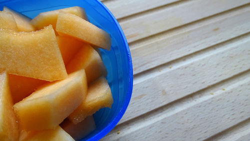 High angle view of chopped fruit on table