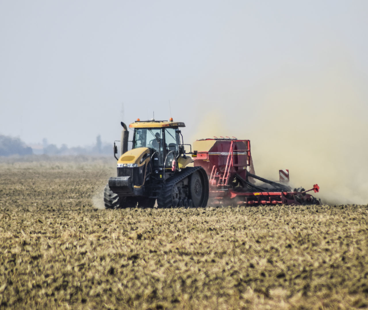 Dust, field, ploughing, sky, agriculture, countryside, cultivator, equipment, making, fertilizer, top dressing, plowed field, tractor, track, shoes, clubs, reagent, chemical, nitrate, phosphate, farm, farming, grain, harvest, industry, machinery, work, ag